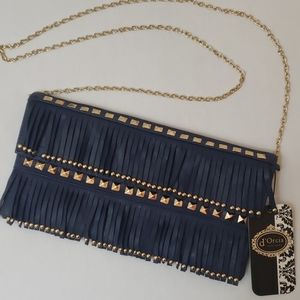 d'Orcia Navy Blue Fringe w Gold Beading Purse